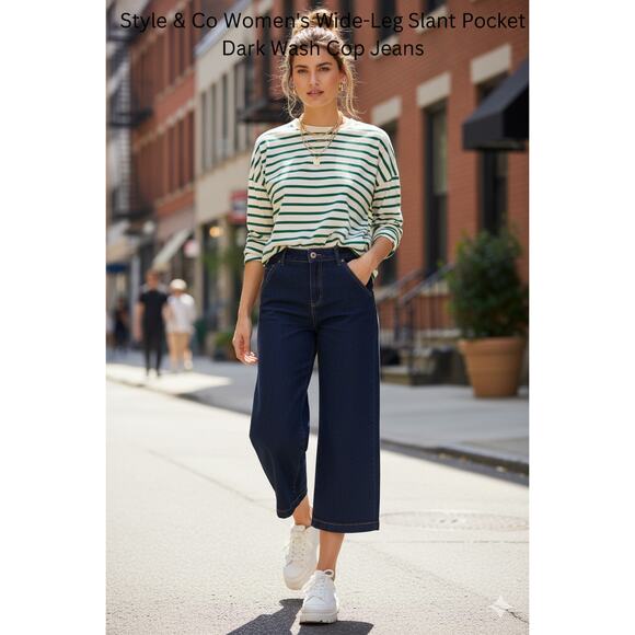 Style & Co Jeans Women's SZ 12 High-Rise Wide-Leg Slimming Pocket Crop Dark Wash - Picture 13 of 13